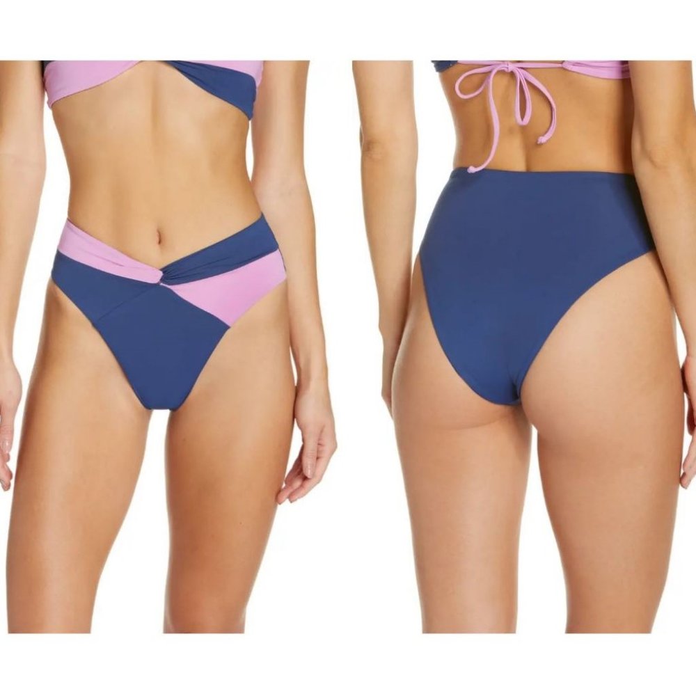l*space Navy and Pink Twist High-Waist Bikini Bottoms